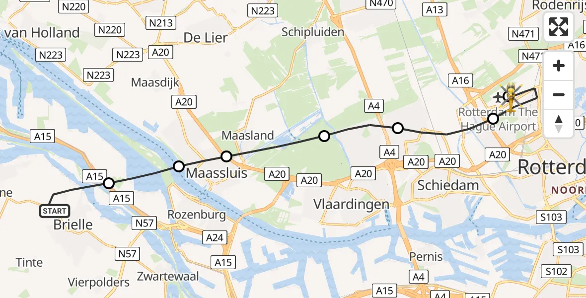 Vluchtroute Traumahelikopter Brielle - Rotterdam The Hague Airport, 12 mei 2026, 12:46