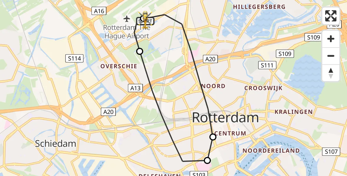 Vluchtroute Traumahelikopter Rotterdam The Hague Airport - Rotterdam The Hague Airport, 12 mei 2026, 14:28