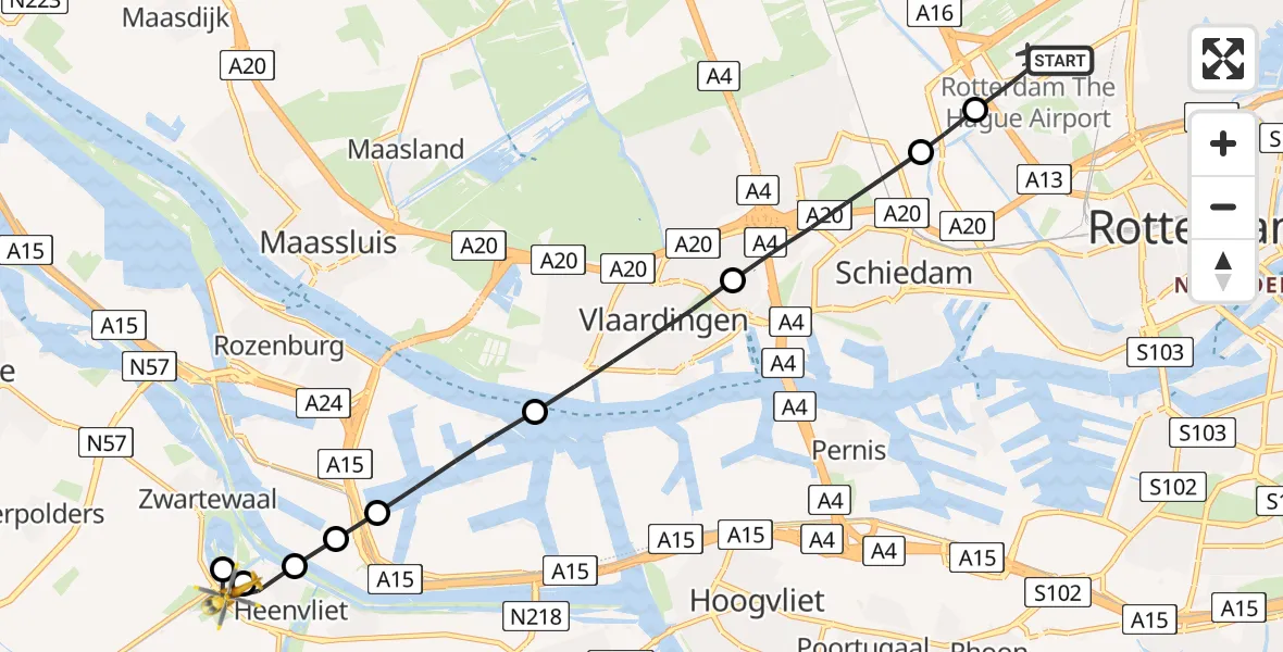 Vluchtroute Traumahelikopter Rotterdam The Hague Airport - Heenvliet, 12 mei 2026, 14:54