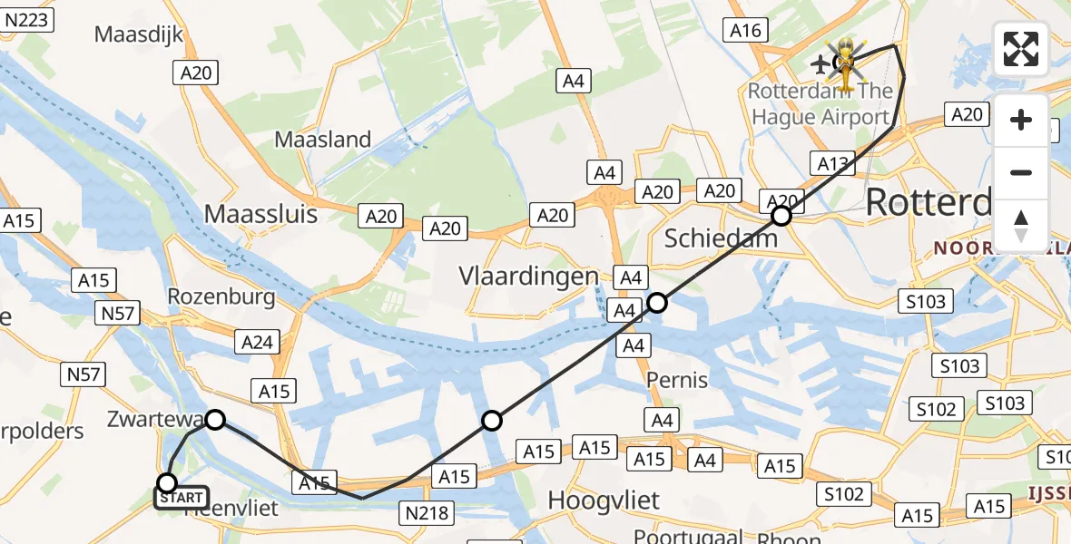 Vluchtroute Traumahelikopter Heenvliet - Rotterdam The Hague Airport, 12 mei 2026, 15:24