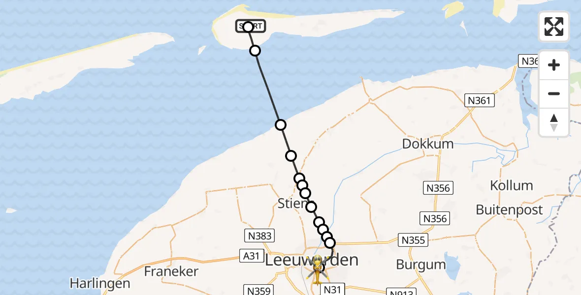 Vluchtroute Ambulancehelikopter Ameland Vliegveld Ballum - Leeuwarden Medical Center Heliport, 12 mei 2026, 16:27