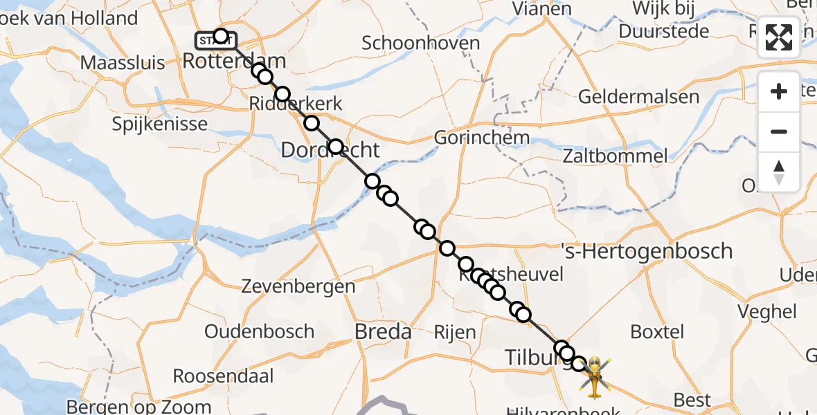 Vluchtroute Traumahelikopter Rotterdam The Hague Airport - Moergestel, 12 mei 2026, 23:02