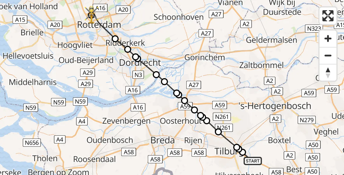 Vluchtroute Traumahelikopter Moergestel - Rotterdam The Hague Airport, 12 mei 2026, 23:44