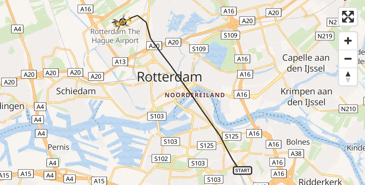 Vluchtroute Traumahelikopter Rotterdam - Rotterdam The Hague Airport, 13 mei 2026, 09:35