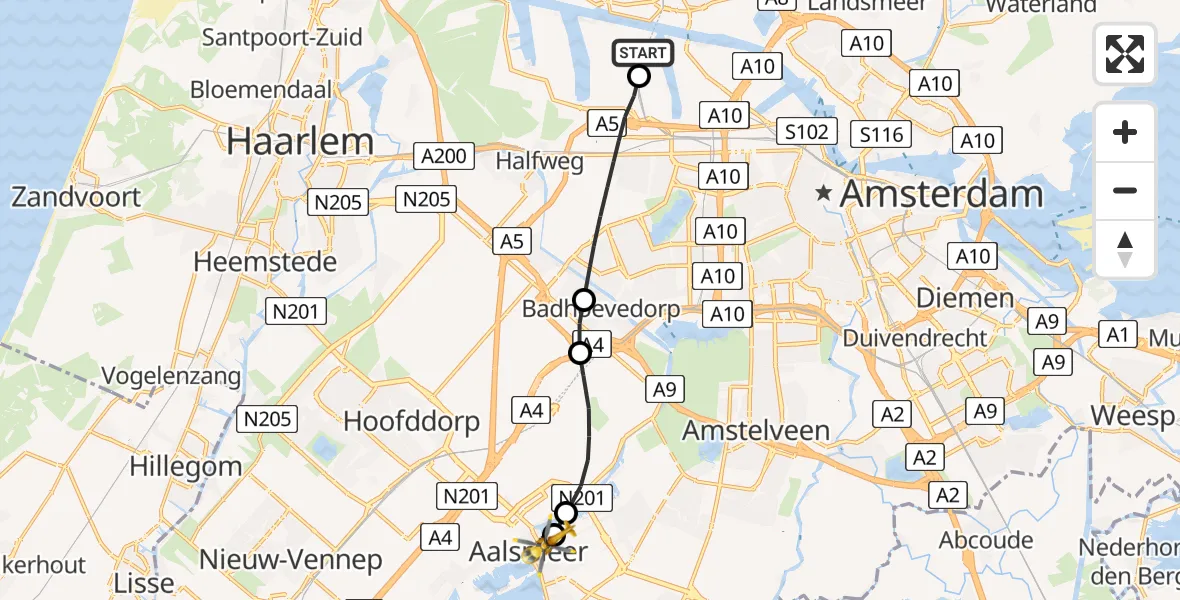 Vluchtroute Traumahelikopter Amsterdam Heliport - Aalsmeer, 13 mei 2026, 11:37