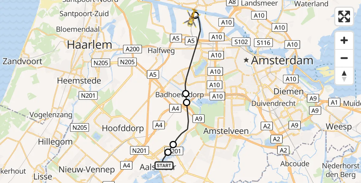 Vluchtroute Traumahelikopter Aalsmeer - Amsterdam Heliport, 13 mei 2026, 11:50