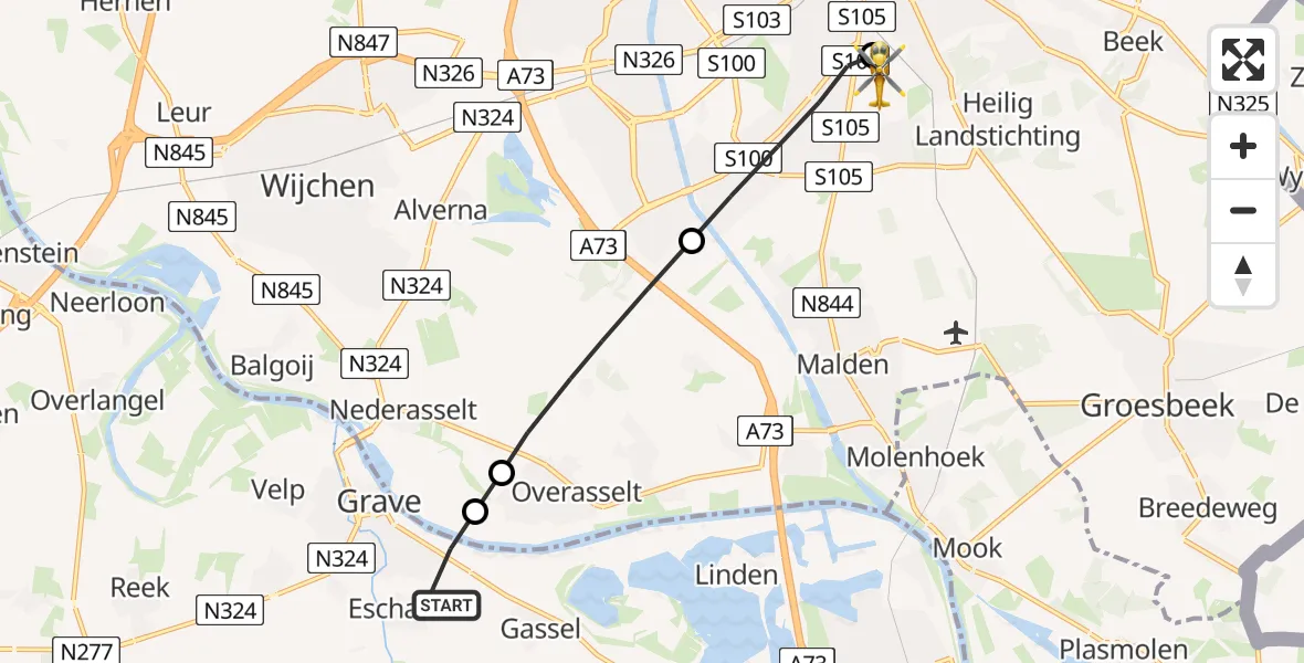 Vluchtroute Traumahelikopter Escharen - Radboud University Medical Center Heliport, 13 mei 2026, 13:37