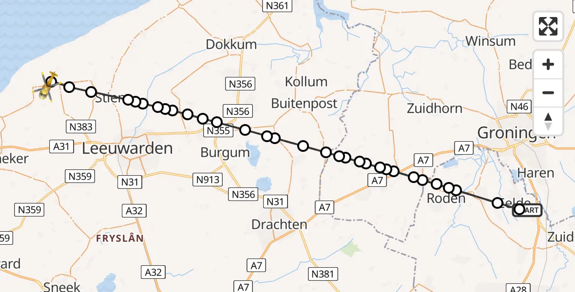 Vluchtroute Traumahelikopter Groningen Airport Eelde - St.-Jacobiparochie, 13 mei 2026, 13:54