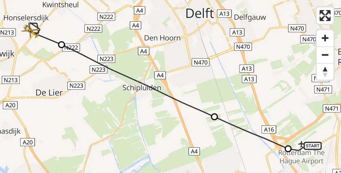 Vluchtroute Traumahelikopter Rotterdam The Hague Airport - Honselersdijk, 13 mei 2026, 14:26