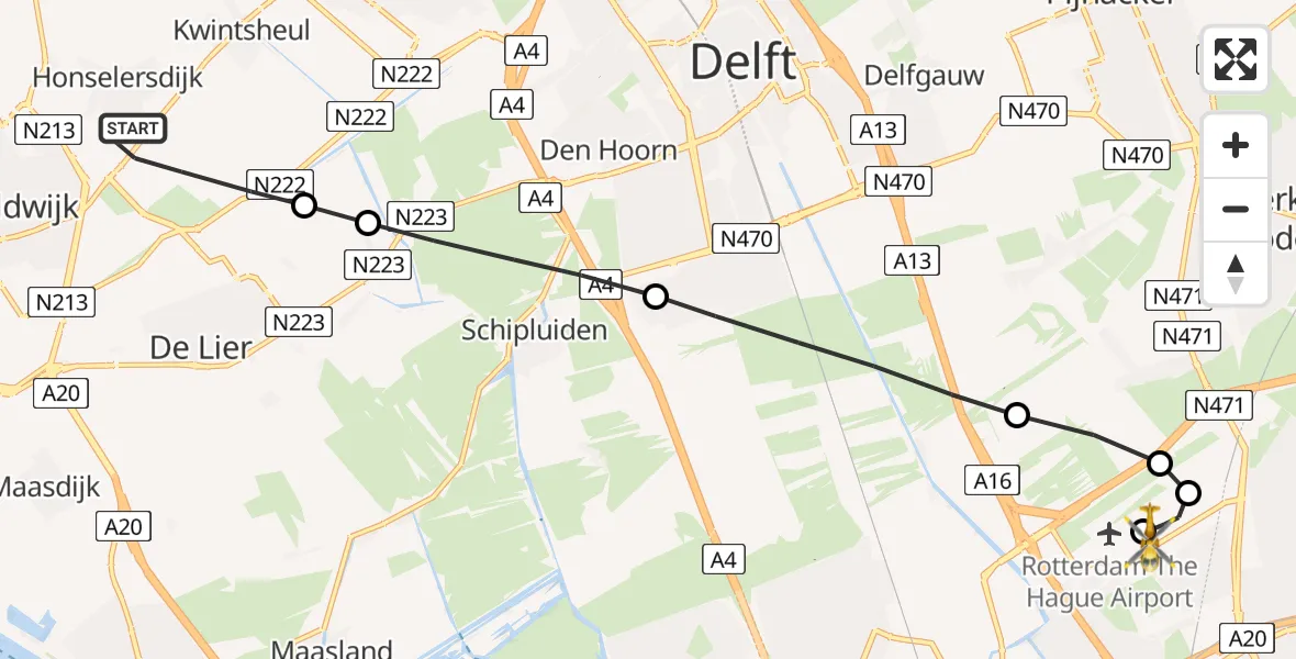 Vluchtroute Traumahelikopter Honselersdijk - Rotterdam The Hague Airport, 13 mei 2026, 14:44