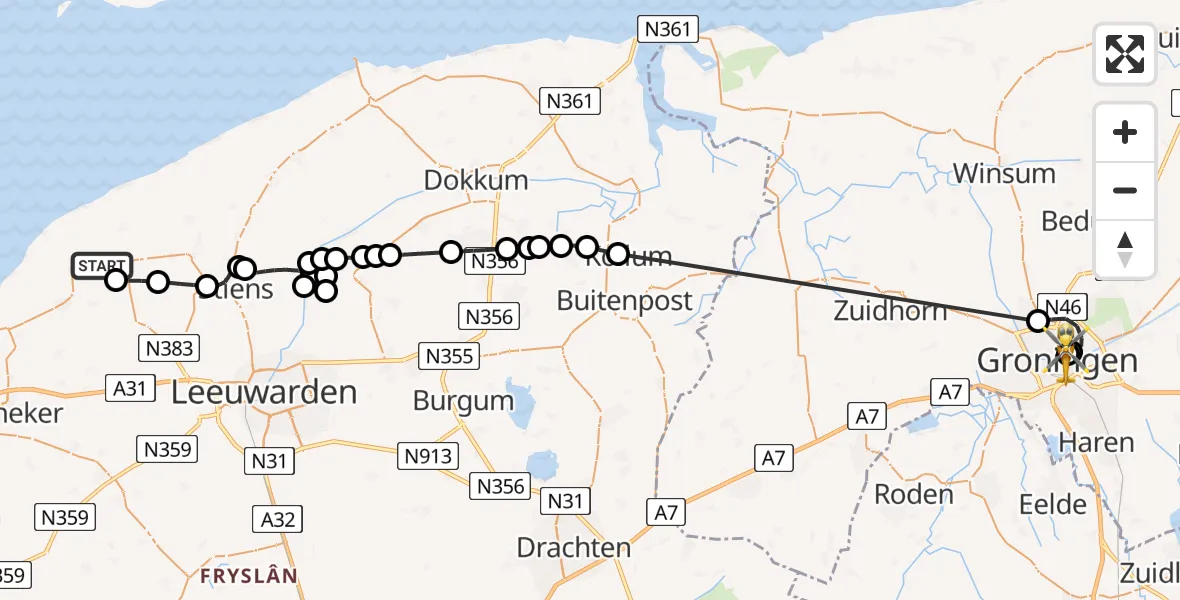 Vluchtroute Traumahelikopter St.-Jacobiparochie - Universitair Medisch Centrum Groningen, 13 mei 2026, 14:57