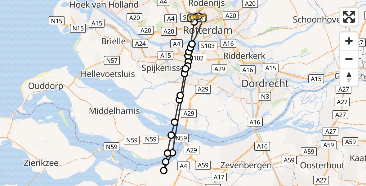 Vluchtroute Traumahelikopter Rotterdam The Hague Airport - Rotterdam, 13 mei 2026, 15:52