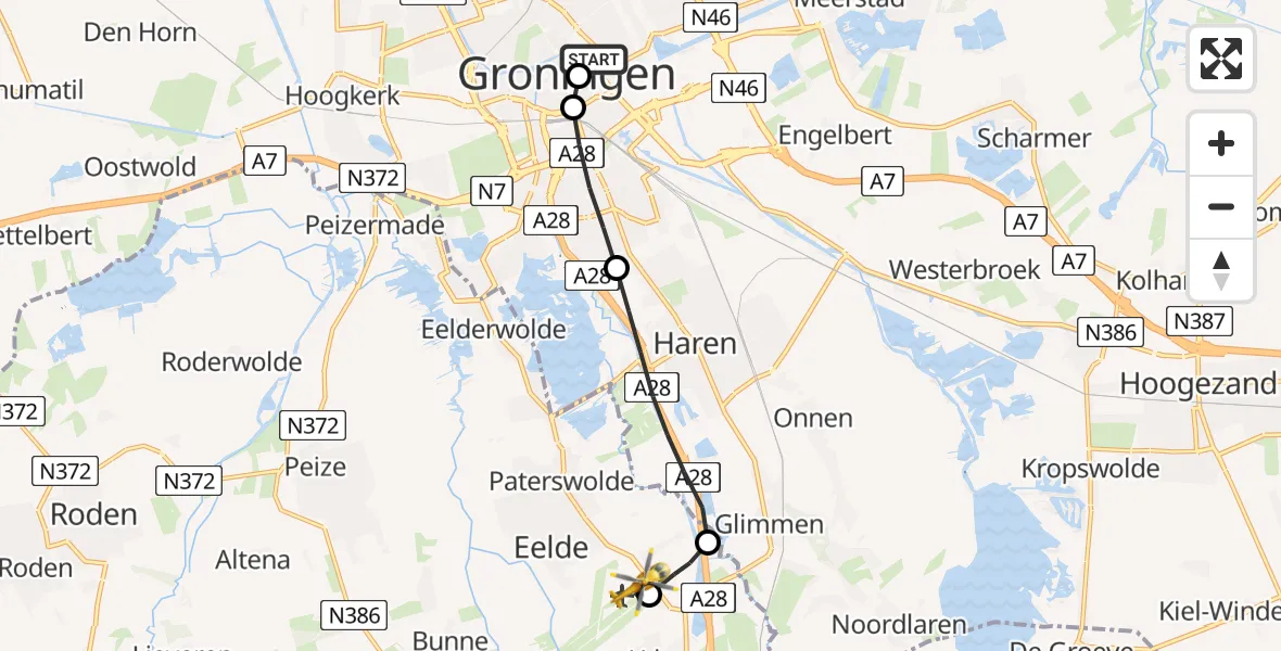 Vluchtroute Traumahelikopter Universitair Medisch Centrum Groningen - Groningen Airport Eelde, 13 mei 2026, 16:11