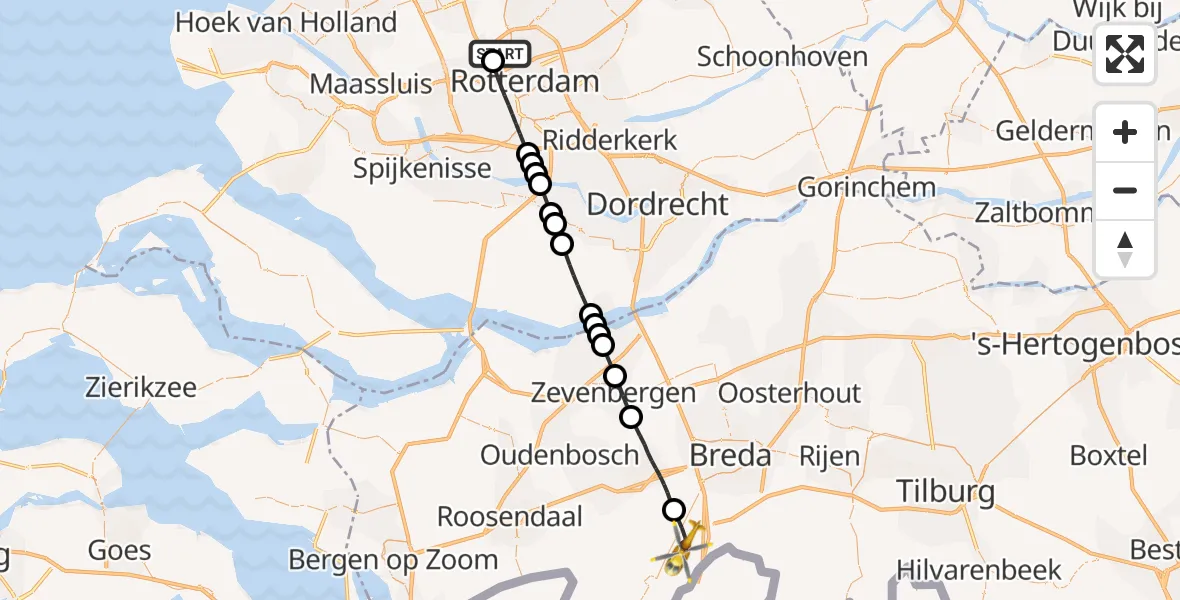 Vluchtroute Traumahelikopter Rotterdam The Hague Airport - Rijsbergen, 13 mei 2026, 17:03
