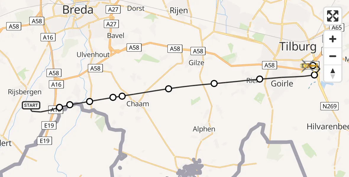 Vluchtroute Traumahelikopter Rijsbergen - St. Elisabeth Hospital Heliport, 13 mei 2026, 17:52
