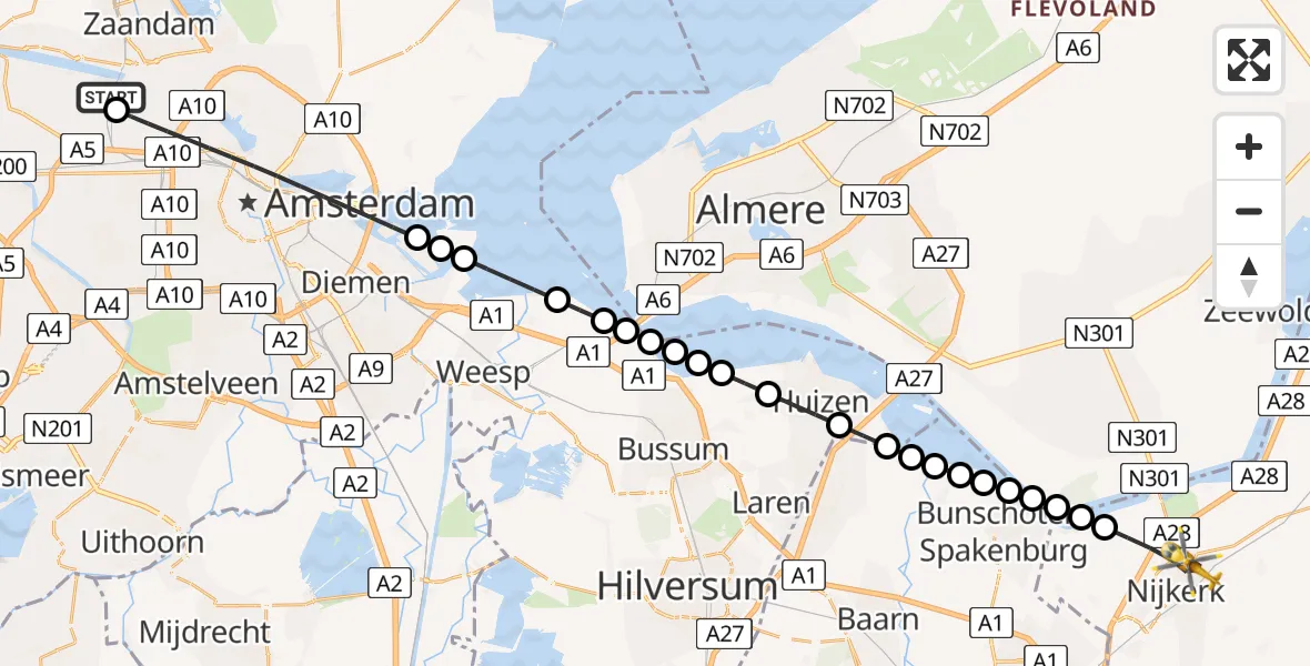 Vluchtroute Traumahelikopter Amsterdam Heliport - Nijkerk, 13 mei 2026, 19:33
