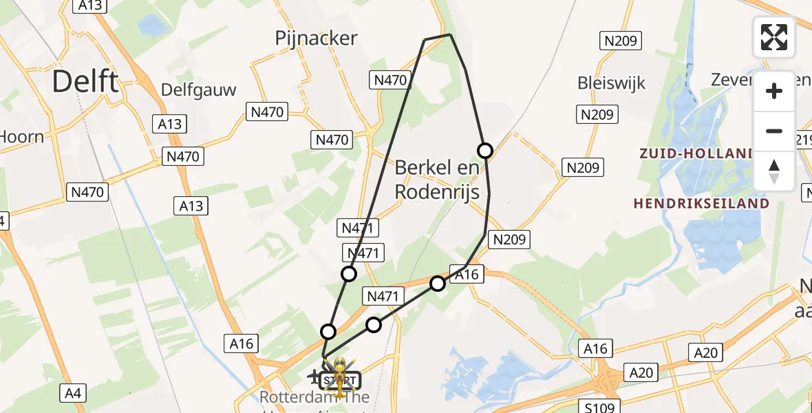 Vluchtroute Traumahelikopter Rotterdam The Hague Airport - Rotterdam The Hague Airport, 13 mei 2026, 19:36