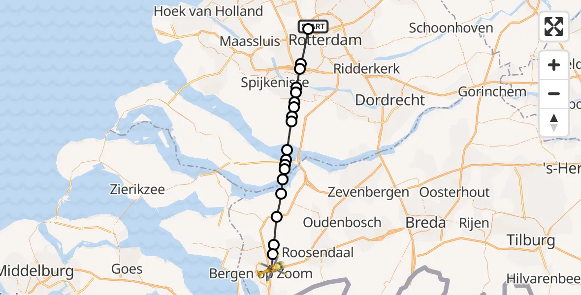 Vluchtroute Traumahelikopter Rotterdam The Hague Airport - Bergen op Zoom, 13 mei 2026, 19:56