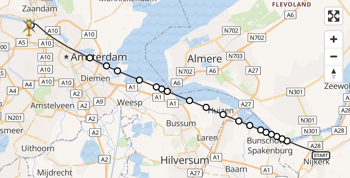 Vluchtroute Traumahelikopter Nijkerk - Amsterdam Heliport, 13 mei 2026, 20:03