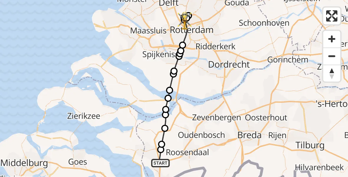 Vluchtroute Traumahelikopter Bergen op Zoom - Rotterdam The Hague Airport, 13 mei 2026, 20:36