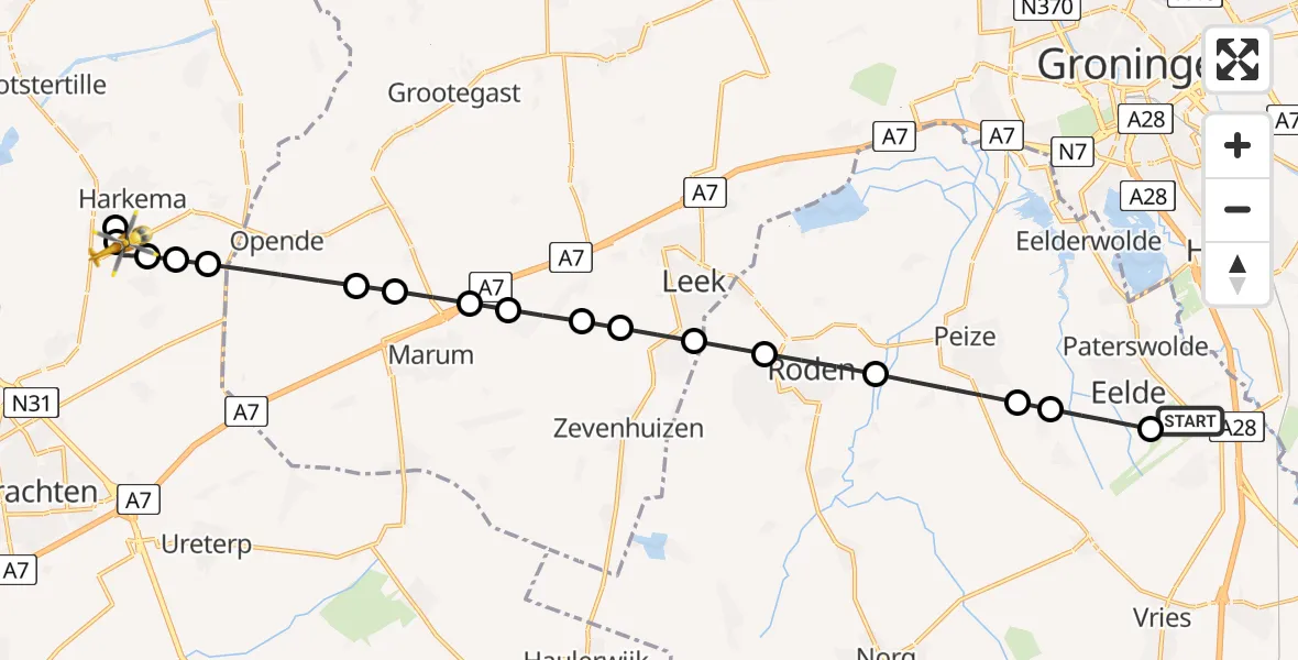Vluchtroute Traumahelikopter Groningen Airport Eelde - Surhuisterveen, 13 mei 2026, 21:00