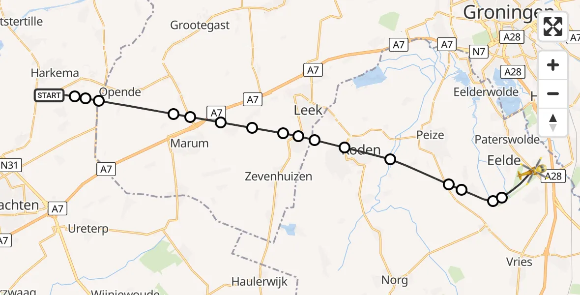 Vluchtroute Traumahelikopter Surhuisterveen - Groningen Airport Eelde, 13 mei 2026, 21:15