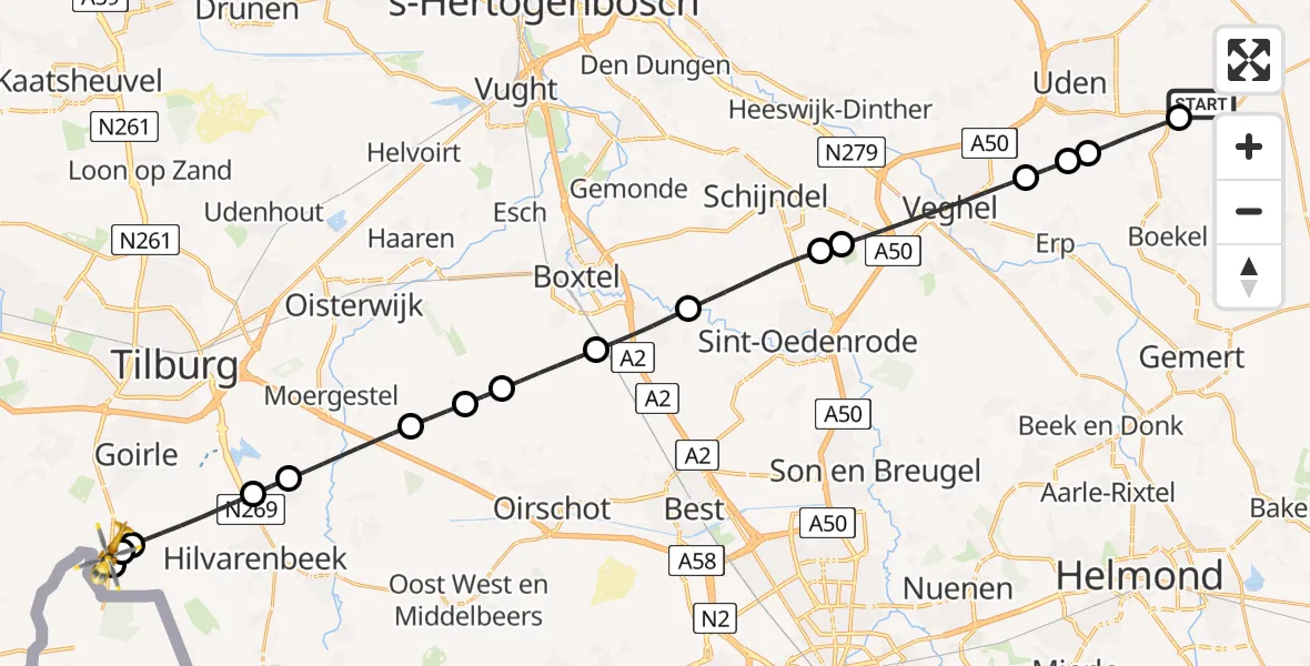 Vluchtroute Traumahelikopter Vliegbasis Volkel - Goirle, 13 mei 2026, 21:54