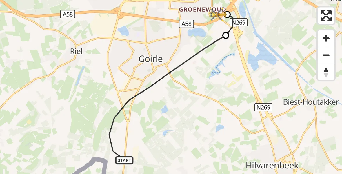 Vluchtroute Traumahelikopter Goirle - St. Elisabeth Hospital Heliport, 13 mei 2026, 22:35