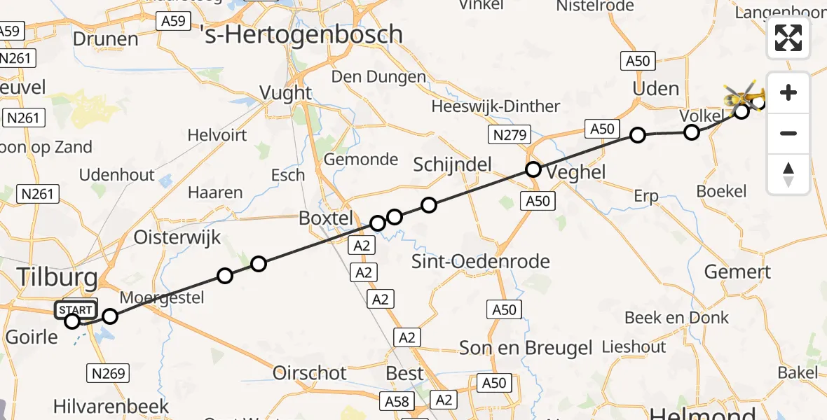 Vluchtroute Traumahelikopter St. Elisabeth Hospital Heliport - Vliegbasis Volkel, 13 mei 2026, 22:55