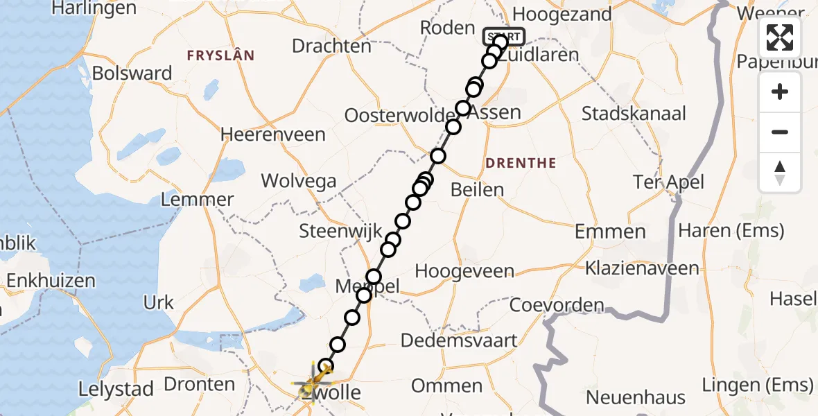Vluchtroute Traumahelikopter Groningen Airport Eelde - Zwolle, 14 mei 2026, 01:00