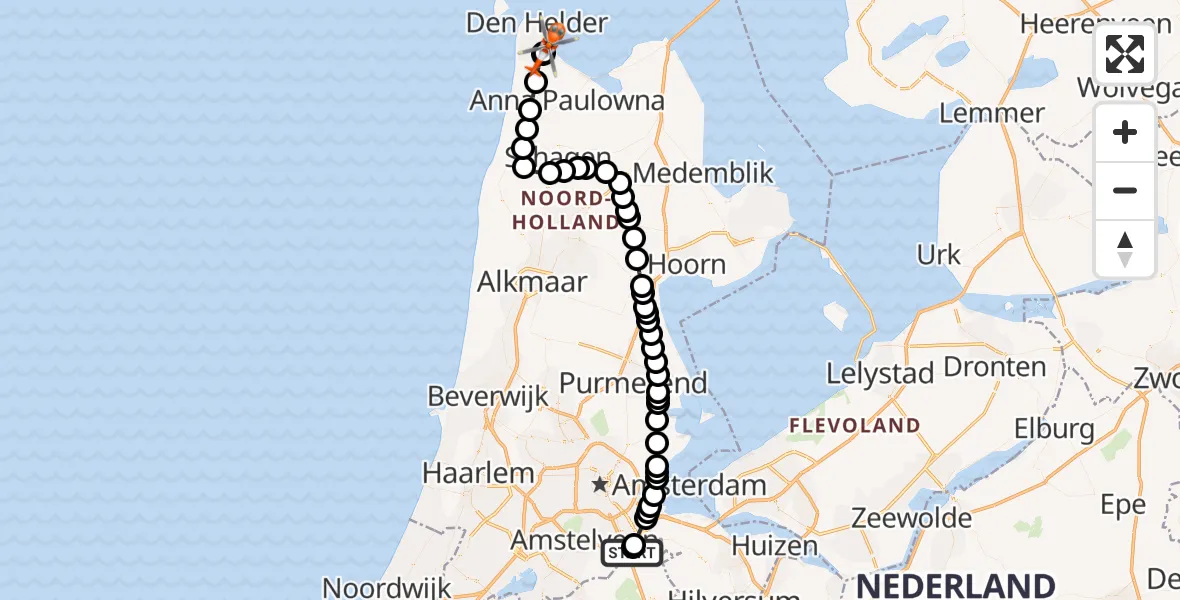 Vluchtroute Kustwachthelikopter Amsterdam UMC Helipad - Militair vliegveld De Kooy / Den Helder Airport, 14 mei 2026, 11:46