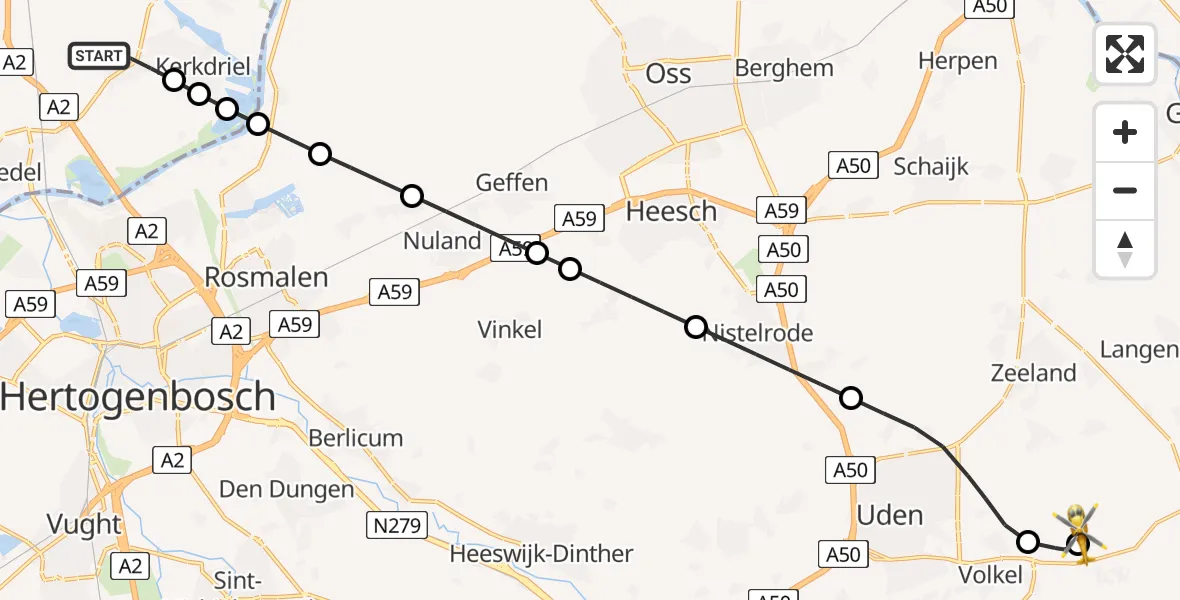 Vluchtroute Traumahelikopter Velddriel - Vliegbasis Volkel, 14 mei 2026, 12:36