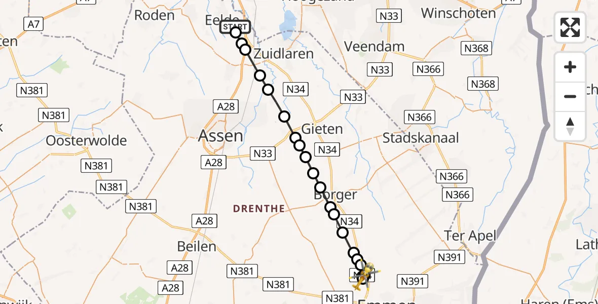 Vluchtroute Traumahelikopter Groningen Airport Eelde - Odoornerveen, 14 mei 2026, 12:52
