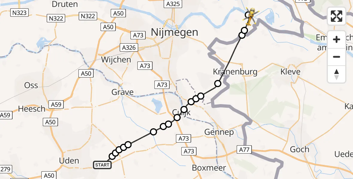 Vluchtroute Traumahelikopter Vliegbasis Volkel - Millingen aan de Rijn, 14 mei 2026, 13:20