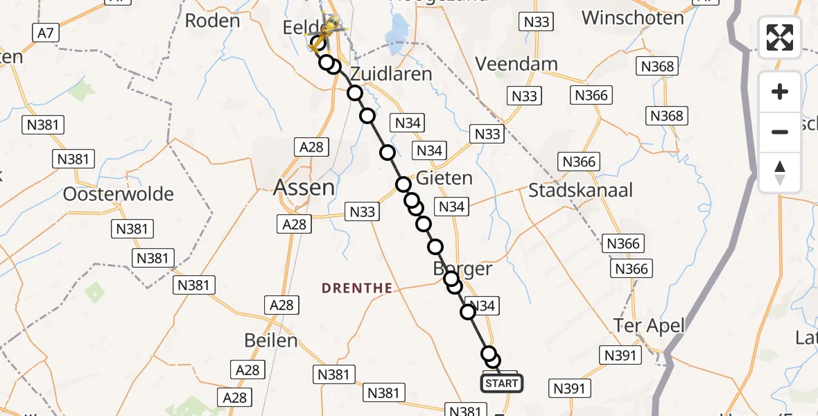 Vluchtroute Traumahelikopter Klijndijk - Groningen Airport Eelde, 14 mei 2026, 13:23