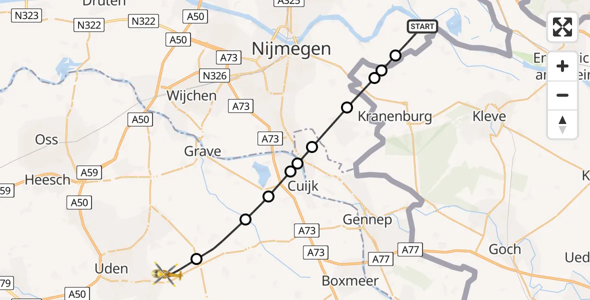 Vluchtroute Traumahelikopter Millingen aan de Rijn - Vliegbasis Volkel, 14 mei 2026, 13:54