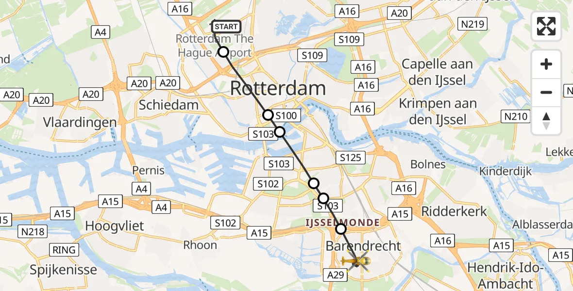 Vluchtroute Traumahelikopter Rotterdam The Hague Airport - Barendrecht, 14 mei 2026, 14:03