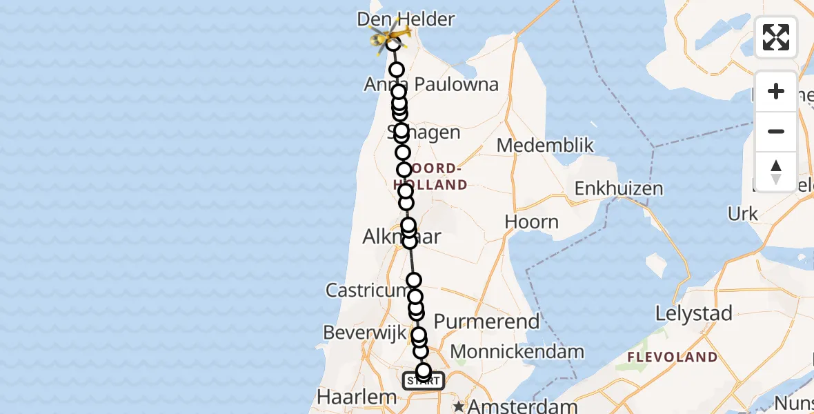 Vluchtroute Traumahelikopter Amsterdam Heliport - Den Helder, 14 mei 2026, 18:06