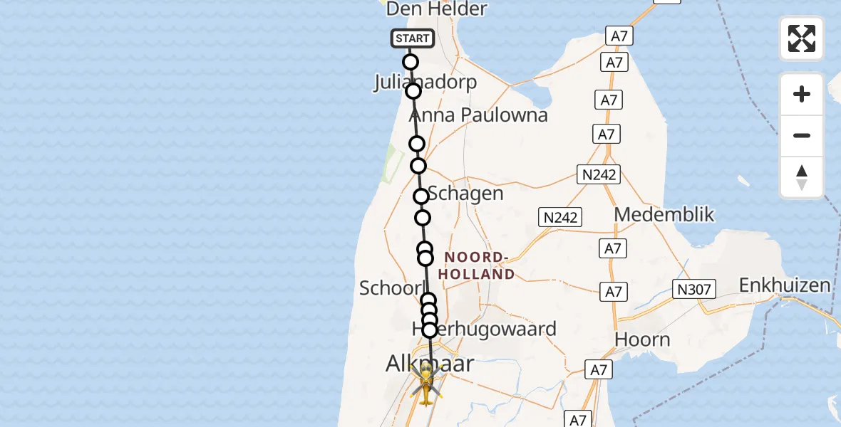 Vluchtroute Traumahelikopter Den Helder - Alkmaar, 14 mei 2026, 18:45