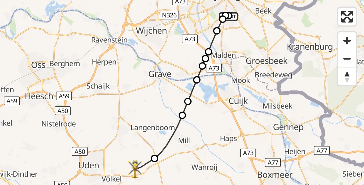 Vluchtroute Traumahelikopter Radboud Universitair Medisch Centrum - Vliegbasis Volkel, 14 mei 2026, 19:26