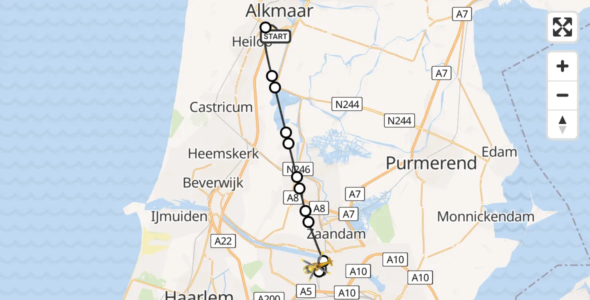 Vluchtroute Traumahelikopter Alkmaar - Amsterdam Heliport, 14 mei 2026, 19:38