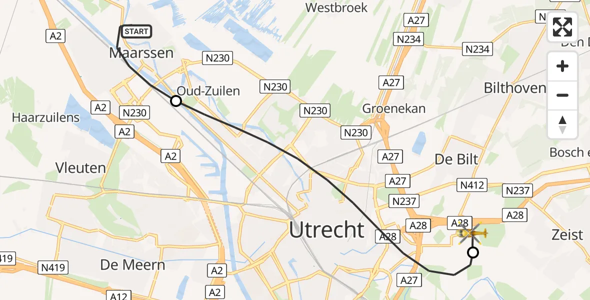 Vluchtroute Traumahelikopter Maarssen - University Medical Center Utrecht Heliport, 14 mei 2026, 20:37