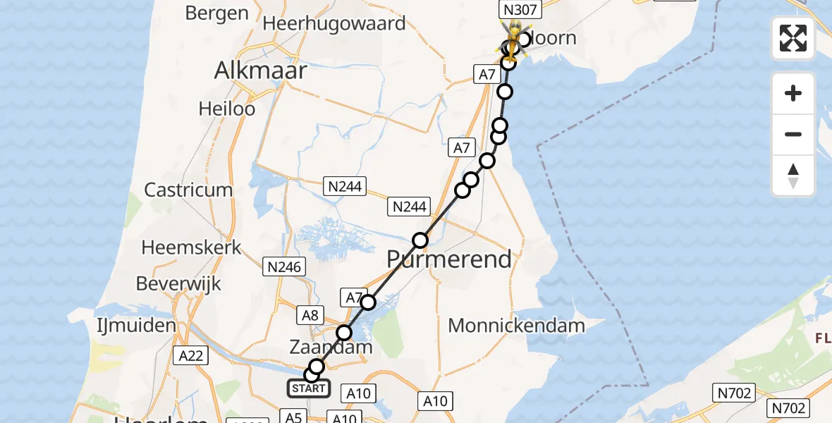 Vluchtroute Traumahelikopter Amsterdam Heliport - Berkhout, 14 mei 2026, 21:50