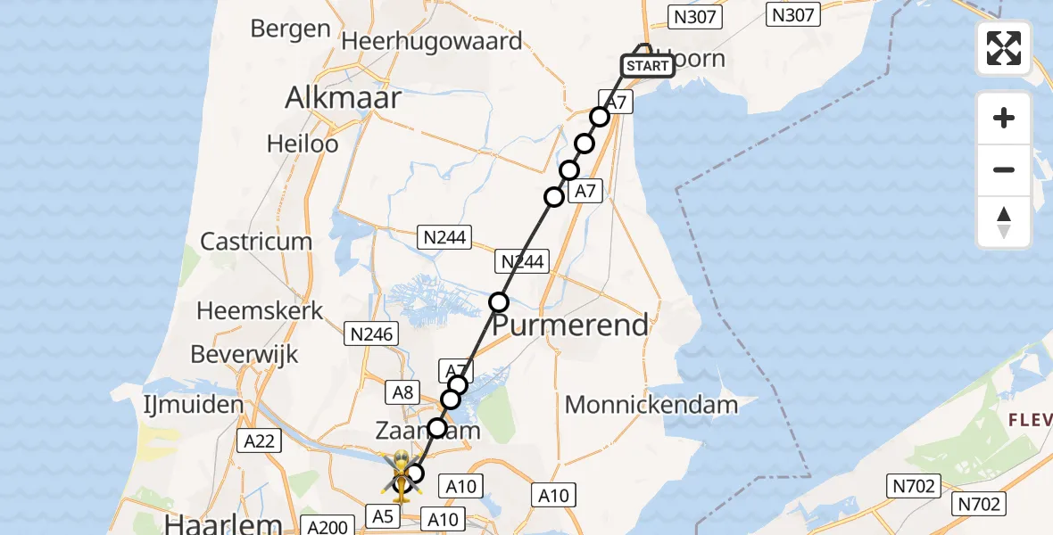Vluchtroute Traumahelikopter Berkhout - Amsterdam Heliport, 14 mei 2026, 22:11