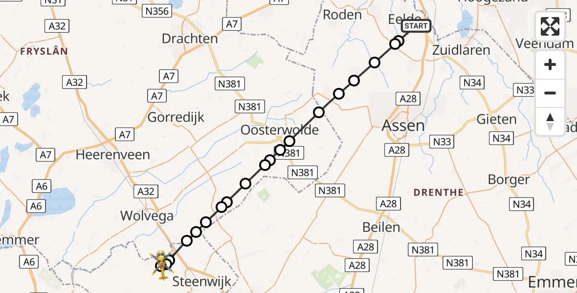 Vluchtroute Traumahelikopter Groningen Airport Eelde - Basse, 14 mei 2026, 22:23
