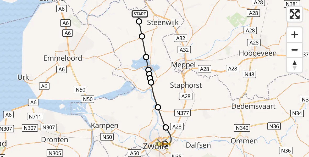 Vluchtroute Traumahelikopter Basse - Isala Hospital Zwolle Heliport, 14 mei 2026, 23:10