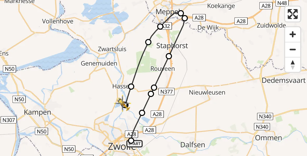 Vluchtroute Traumahelikopter Isala Hospital Zwolle Heliport - Hasselt, 14 mei 2026, 23:40