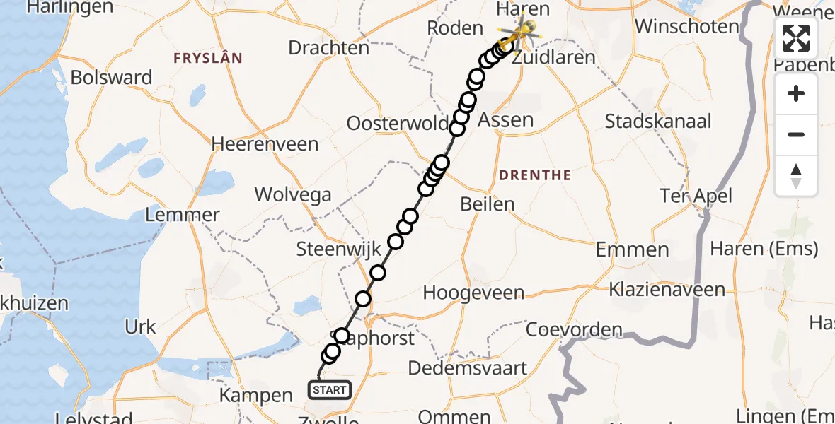 Vluchtroute Traumahelikopter Hasselt - Groningen Airport Eelde, 15 mei 2026, 00:16