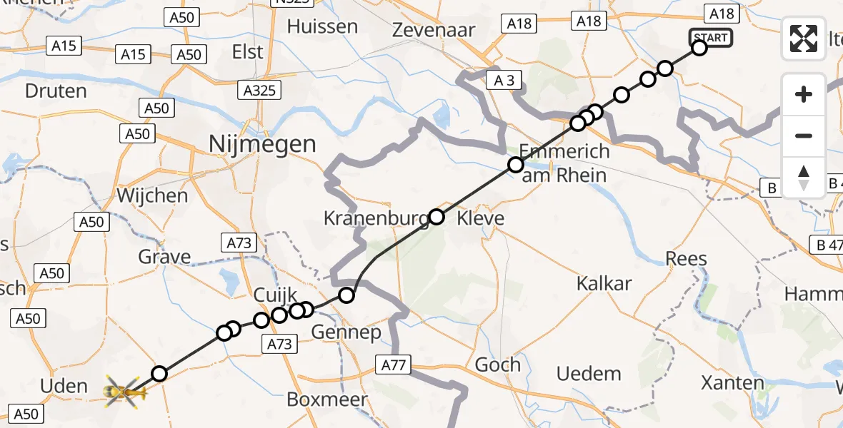 Vluchtroute Traumahelikopter Sinderen - Vliegbasis Volkel, 15 mei 2026, 05:52