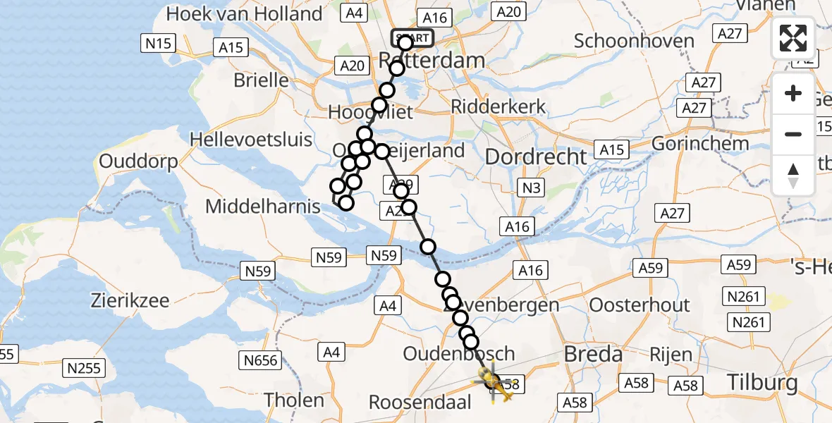 Vluchtroute Traumahelikopter Rotterdam The Hague Airport - St. Willebrord, 15 mei 2026, 05:58